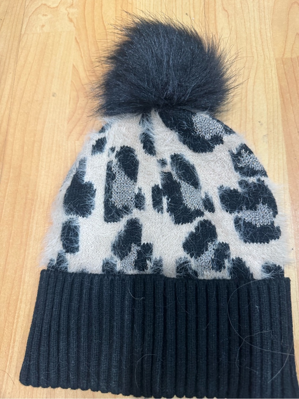 Express Leopard Print Pom Beanie - Black & Cream